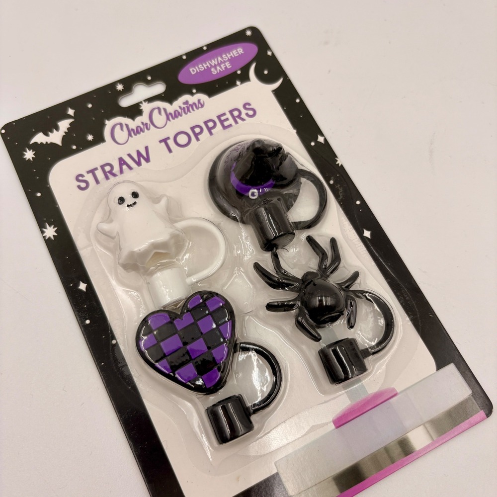 CharCharms Halloween Straw Toppers 4 Pack Ghost Witch Hat Spider Heart NEW